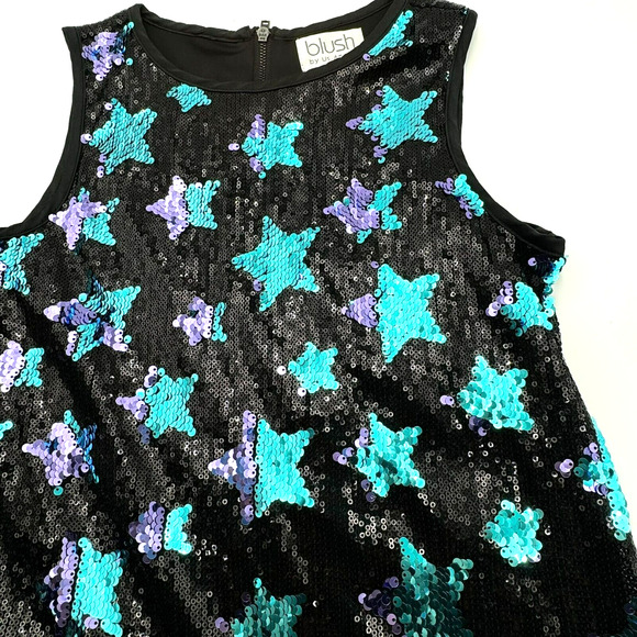 BLUSH BY US ANGELS Girls Dress Size 14 Black Blue Stars Full Sequins Shiny Party - Picture 1 of 7